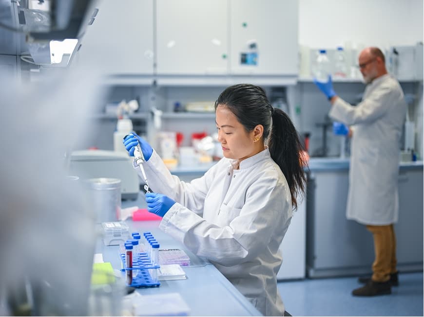 Eine Forscherin und ein Forscher stehen im Labor und arbeiten an Reagenzgläsern